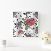 Rustige retro grijze gestreepte bloemen rode rozen vierkante klok (Huis)