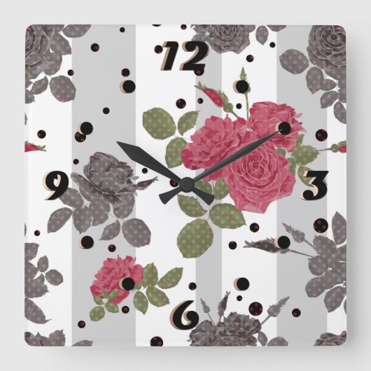 Rustige retro grijze gestreepte bloemen rode rozen vierkante klok (Voorkant)