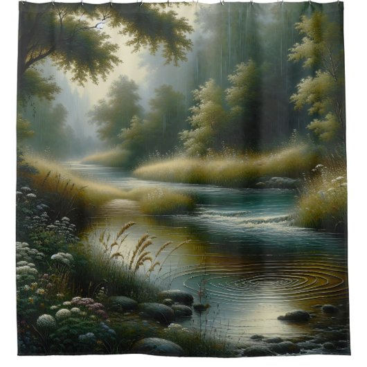"Rustige rivier door weelderig bos" Douchegordijn (Voorkant)