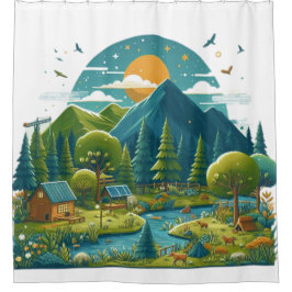 Rustige rivier met weelderig groen douchegordijn