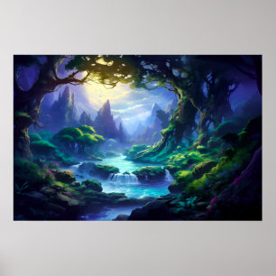 Rustige rivier onder maanlicht - Fantasy Art Poster