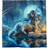 Rustige rivieravond met een Native en wolf Douchegordijn (Voorkant)