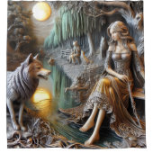 Rustige riviernacht met een Indiaan en een wolf Douchegordijn (Voorkant)