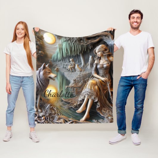 Rustige riviernacht met een Indiaan en een wolf Fleece Deken (In situ)