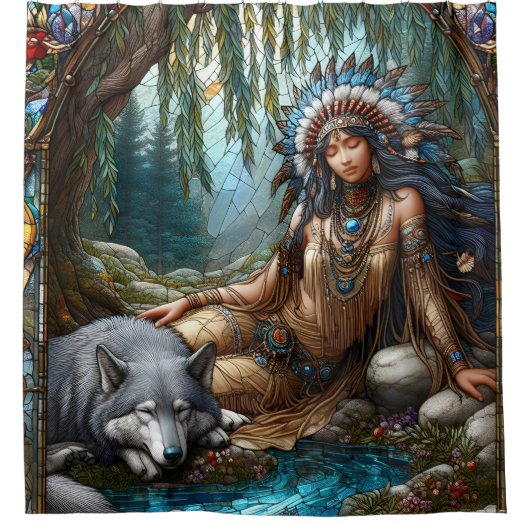 Rustige rivierscène met Native en wolf Douchegordijn (Voorkant)