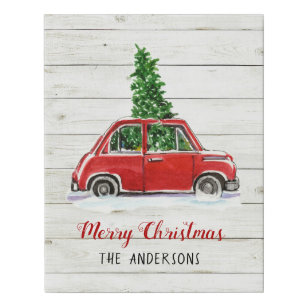 Rustige Rode auto met kerstboom Imitatie Canvas Print