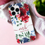 Rustige rode blauwe elegant florale waterverf mono Case-Mate iPhone case<br><div class="desc">Rustisch rood blauw elegant waterverf monogram hoesje met  geverfde rode pinda's,  blauw marineslauw,  groene bladeren en bouquet.</div>