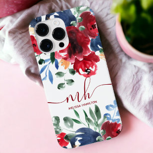 Rustige rode blauwe elegant florale waterverf mono Case-Mate iPhone case