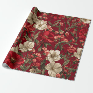 Rustige rode botanische bloemrijke vintage boho bl cadeaupapier