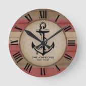 Rustige Rode & bruine Nautische Stripes & Anchor R Ronde Klok (Voorkant)