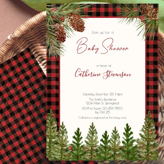 Rustige rode buffelplaid winter baby shower kaart