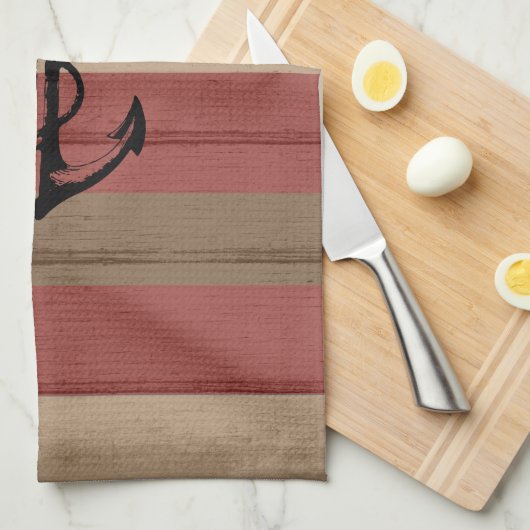 Rustige rode en bruine hout Nautische strips en an Theedoek (Quarter Fold)