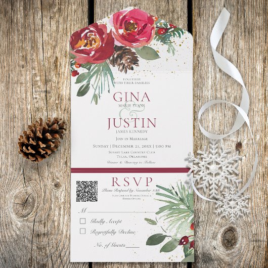 Rustige rode en groene winterpine — Floral QR-code All In One Uitnodiging