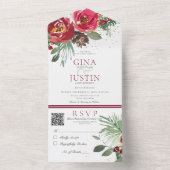 Rustige rode en groene winterpine — Floral QR-code All In One Uitnodiging (Binnen)