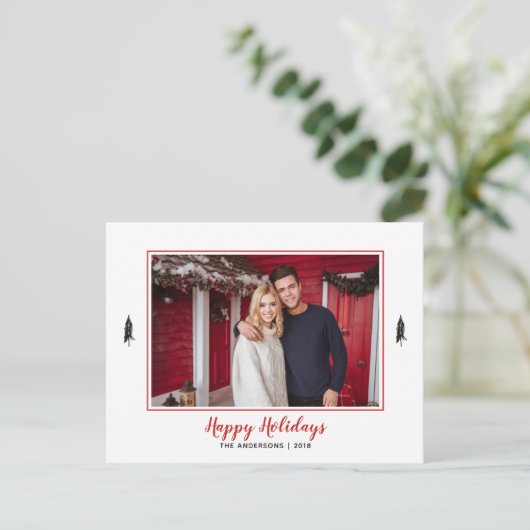 Rustige rode en witte kerstboom met gingham-flatje aankondigingskaart (Staand voorkant)