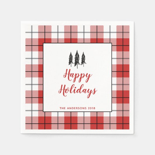 Rustige rode en witte kerstboom met gingham-flatje servet (Voorkant)