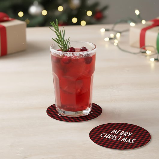 Rustige rode en zwarte buffelkoek voor fijne kerst ronde kartonnen onderzetter