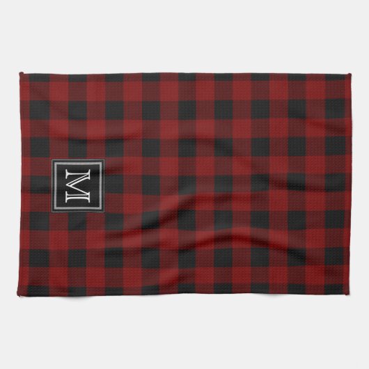 Rustige rode en zwarte buffelmonogram theedoek (Horizontaal)
