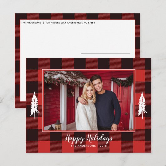 Rustige rode en zwarte kerstboom met gingham aankondigingskaart (Voorkant / Achterkant)