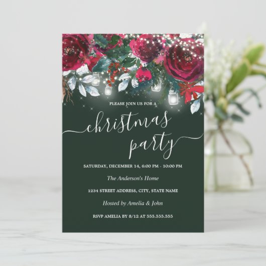 Rustige Rode Floral met kerstfeest Kaart (Staand voorkant)