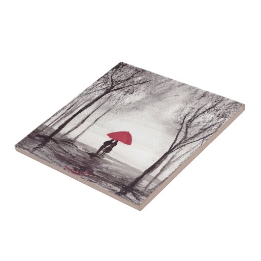 Rustige rode paraplu's houden van keramische tegel tegeltje (Zijkant)