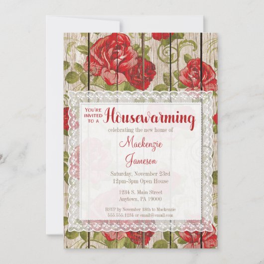 Rustige rode rozen Housewarming Invitation Lace Wo Kaart (Voorkant)