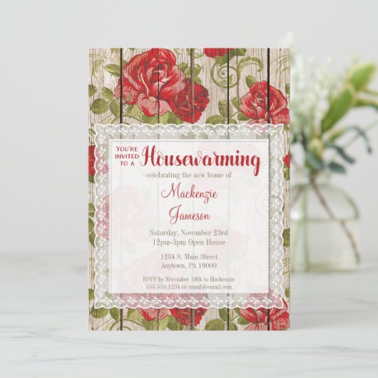 Rustige rode rozen Housewarming Invitation Lace Wo Kaart (Staand voorkant)