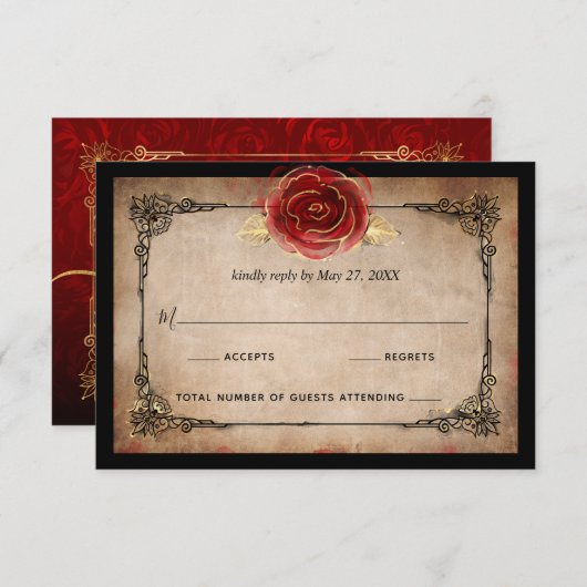 Rustige rode rozenrood  bruistocht RSVP kaartje (Voorkant / Achterkant)