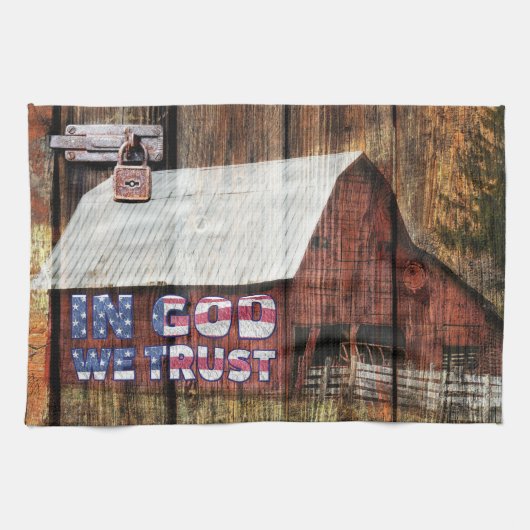Rustige rode vervaagde schuur met grendel In God v Theedoek (Horizontaal)