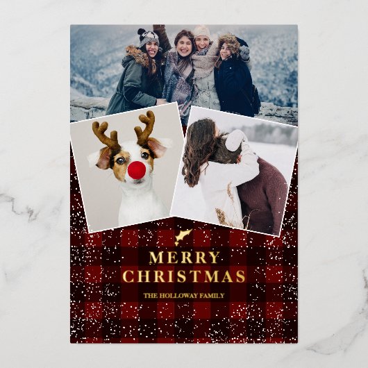 Rustige rode vlekvormig mistletoe sneeuw 3 foto's folie feestdagenkaart (Voorkant)