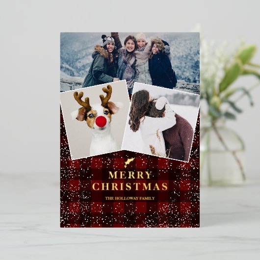Rustige rode vlekvormig mistletoe sneeuw 3 foto's folie feestdagenkaart (Staand Voorkant)