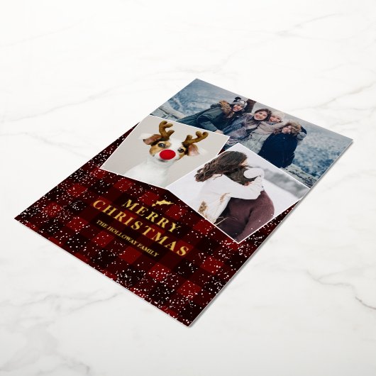 Rustige rode vlekvormig mistletoe sneeuw 3 foto's folie feestdagenkaart (Gedraaid)