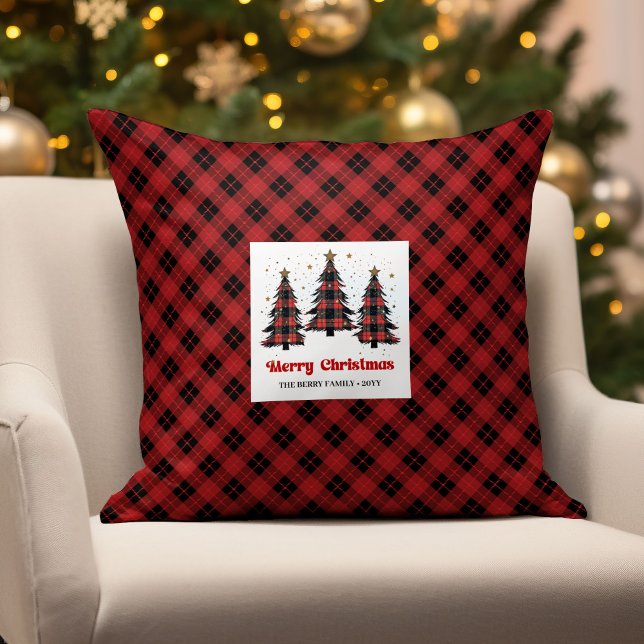Rustige rode zwarte ruit familie naam Kerst kussen (Rustic Red Black Plaid Family Name Xmas Pillow)