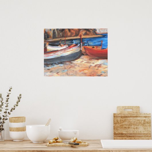 Rustige roeiboten op de kust poster (Keuken)