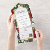 Rustige Rood- en White Floral Gold Lijst QR-code All In One Uitnodiging (Afscheurbaar)