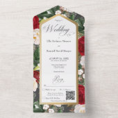 Rustige Rood- en White Floral Gold Lijst QR-code All In One Uitnodiging (Binnen)