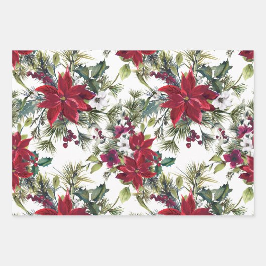 Rustige Rood Poinsettias Pine Needles Kerstmis Inpakpapier Vel (Voorkant 2)