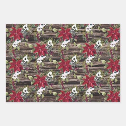 Rustige Rood Poinsettias Pine Needles Kerstmis Inpakpapier Vel (Voorkant)