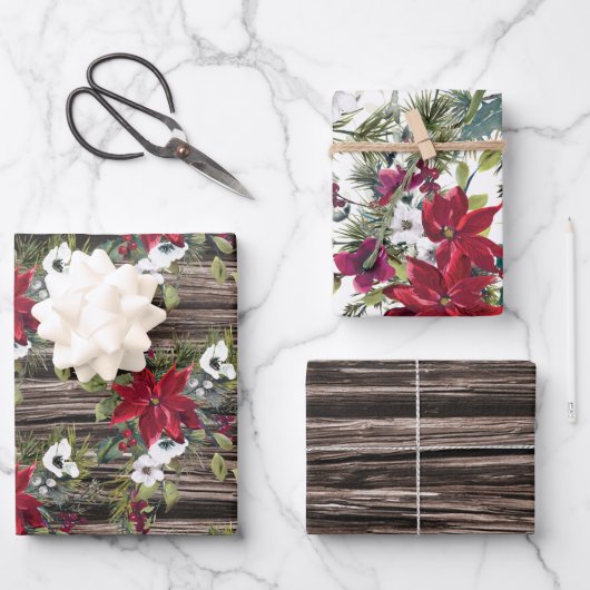 Rustige Rood Poinsettias Pine Needles Kerstmis Inpakpapier Vel (Voorkant)