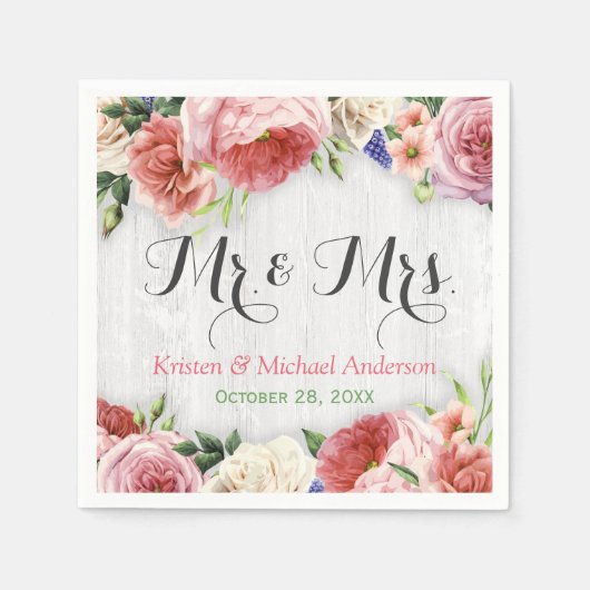 Rustige Roos bloemen White Wood Wedding Monogram Servetten (Voorkant)