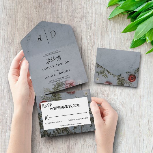 Rustige roos-chic floral All in One Wedding Invite Uitnodiging