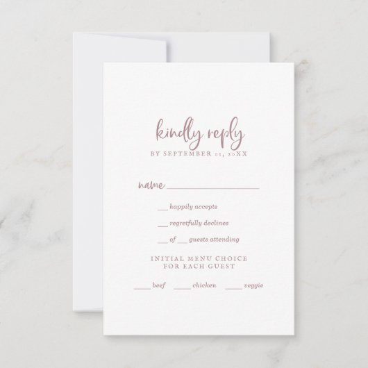 Rustige Roos Gold Script Menu Keuze RSVP-kaart (Voorkant)