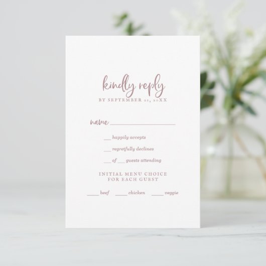 Rustige Roos Gold Script Menu Keuze RSVP-kaart (Staand voorkant)