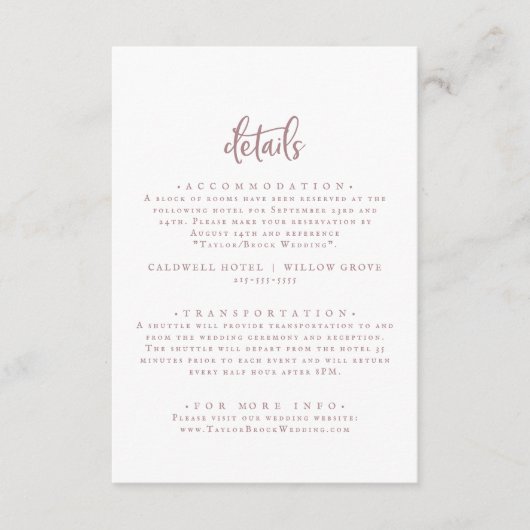 Rustige Roos Gold Script Wedding Details Informatiekaartje (Voorkant)