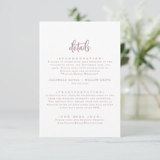 Rustige Roos Gold Script Wedding Details Informatiekaartje (Staand voorkant)