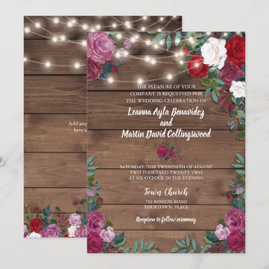 Rustige Roos Wood String Lights Wedding Kaart (Voorkant / Achterkant)