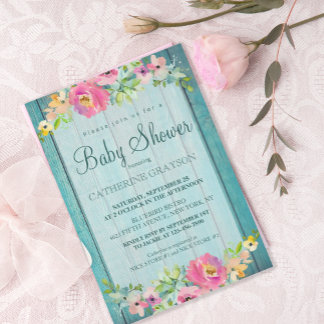 Rustige roze Baby shower met blauw hout Kaart
