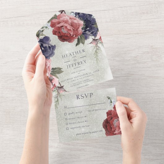 Rustige roze en blauwe pinda's Groen diner All In One Uitnodiging (Afscheurbaar)