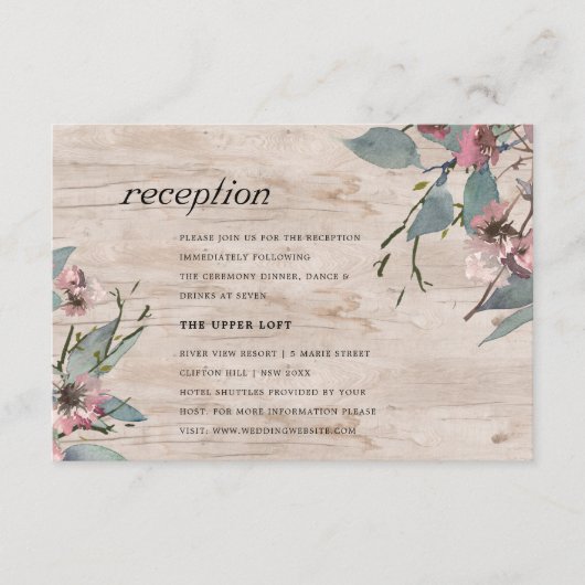 Rustige roze eucalyptus Floral Wedding Reception Informatiekaartje (Voorkant)