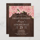 Rustige roze floraalhout, zestien uitnodiging (Voorkant / Achterkant)